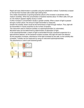 Rapid cell mass determination is possible using the turbidimetric method. Turbidimetry is based
on the fact that microbial cells scatter light striking them
One visible characteristic of growing bacterial culture is the increase in cloudiness of the
medium (turbidity). When the concentration of bacteria reaches about 10 million cells (107) per
ml, the medium appears slightly cloudy or turbid.
Further increase in concentration results in greater turbidity. When a beam of light is passed
through a turbid culture, the amount of light transmitted is measured.
Greater the turbidity, lesser would be the transmission of light through medium. Thus, light will
be transmitted in inverse proportion to the number of bacteria..
The instrument used to measure turbidity is a spectrophotometer (or colorimeter).
Microbial mass can be determined by determination of absorption of light.
In the spectrophotometer, a beam of light is transmitted through a bacterial suspension to a
light-sensitive detector, as the bacterial numbers increase, less light will reach the detector.
As the population increases, absorbance of the light increases by the cells, so the turbidity also
increases. Turbidity can be measured by using an instrument spectrophotometer.
The absorbance is used to plot bacterial growth.
 