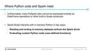 Where Python code and Spark meet
February 9, 2017
•  Unfortunately, many PySpark jobs cannot be expressed entirely as
DataFrame operations or other built-in Scala constructs
•  Spark-Scala interacts with in-memory Python in key ways:
•  Reading and writing in-memory datasets to/from the Spark driver
•  Evaluating custom Python code (user-defined functions)
All Rights Reserved 11
 