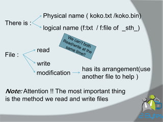There is : 
Physical name ( koko.txt /koko.bin) 
logical name (f:txt / f:file of _sth_) 
File : 
read 
write 
Note: Attention !! The most important thing is the method we read and write files 
modification 
has its arrangement(use another file to help )  