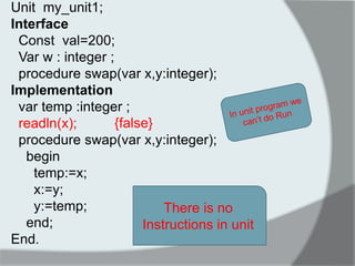 Unit my_unit1; 
Interface 
Const val=200; 
Var w : integer ; 
procedure swap(var x,y:integer); 
Implementation 
var temp :integer ; 
readln(x); 
procedure swap(var x,y:integer); 
begin 
temp:=x; 
x:=y; 
y:=temp; 
end; 
End. 
{false} 
There is no Instructions in unit  