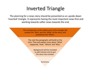 Inverted Triangle
   The planning for a news story should be presented as an upside down
‘inverted’ triangle. It represents having the most important news first and
               working towards softer news towards the end.


               The introduction at the widest part of the triangle will
                contain the ‘Who’ and the ‘What’ of the story, and
                              sometimes the ‘When’.

                      The next few paragraphs will build on the
                     intro. They will explain more about ‘What’
                        happened, ‘How’, ‘Where’ and ‘Why’.

                            Background will be included
                             to add interest and to put
                               the story into context.


                                     Summary.
 