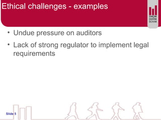 Ethical challenges - examples
• Undue pressure on auditors
• Lack of strong regulator to implement legal
requirements
Slid...