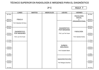 TÉCNICO SUPERIOR EN RADIOLOGÍA E IMÁGENES PARA EL DIAGNÓSTICO
2º C AULA 7
LUNES MARTES MIERCOLES JUEVES VIERNES
08:15hs 08:15hs
PSICOLOGÍA
SOCIAL
09:00 hs FÍSICA II y 09:00 hs
09:00 hs ORGANIZACIONAL 09:00 hs
Prof: Sebastían De Bona
09:45 hs 09:45 hs
09:45hs DIAGNÓSTICO 09:45hs
POR IMÁGENES
DIAGNÓSTICO FISIOLOGÍA
10:30 hs POR IMÁGENES Prof: Luis Ten Huver 10:30 hs
10:30 hs 10:30 hs
Prof: Luis Ten Huver Prof: Gabriela Andino
11:15 hs 11:15 hs
11:15 hs 11:15 hs
QUÍMICA
12:00 hs BIOLÓGICA 12:00 hs
12:00 hs 12:00 hs
Prof: Elizabeth Malah
12:45hs 12:45hs
12:45 hs 12:45 hs
RADIOPROTECCIÓN
13:30 hs 13:30 hs
13:30 hs Prof: Milagros Samiñon 13:30 hs
14:15 hs 14:15 hs
 