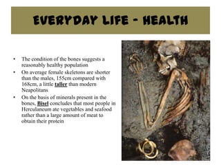 Everyday Life - Health

•   The condition of the bones suggests a
    reasonably healthy population
•   On average female skeletons are shorter
    than the males, 155cm compared with
    168cm, a little taller than modern
    Neapolitans
•   On the basis of minerals present in the
    bones, Bisel concludes that most people in
    Herculaneum ate vegetables and seafood
    rather than a large amount of meat to
    obtain their protein
 