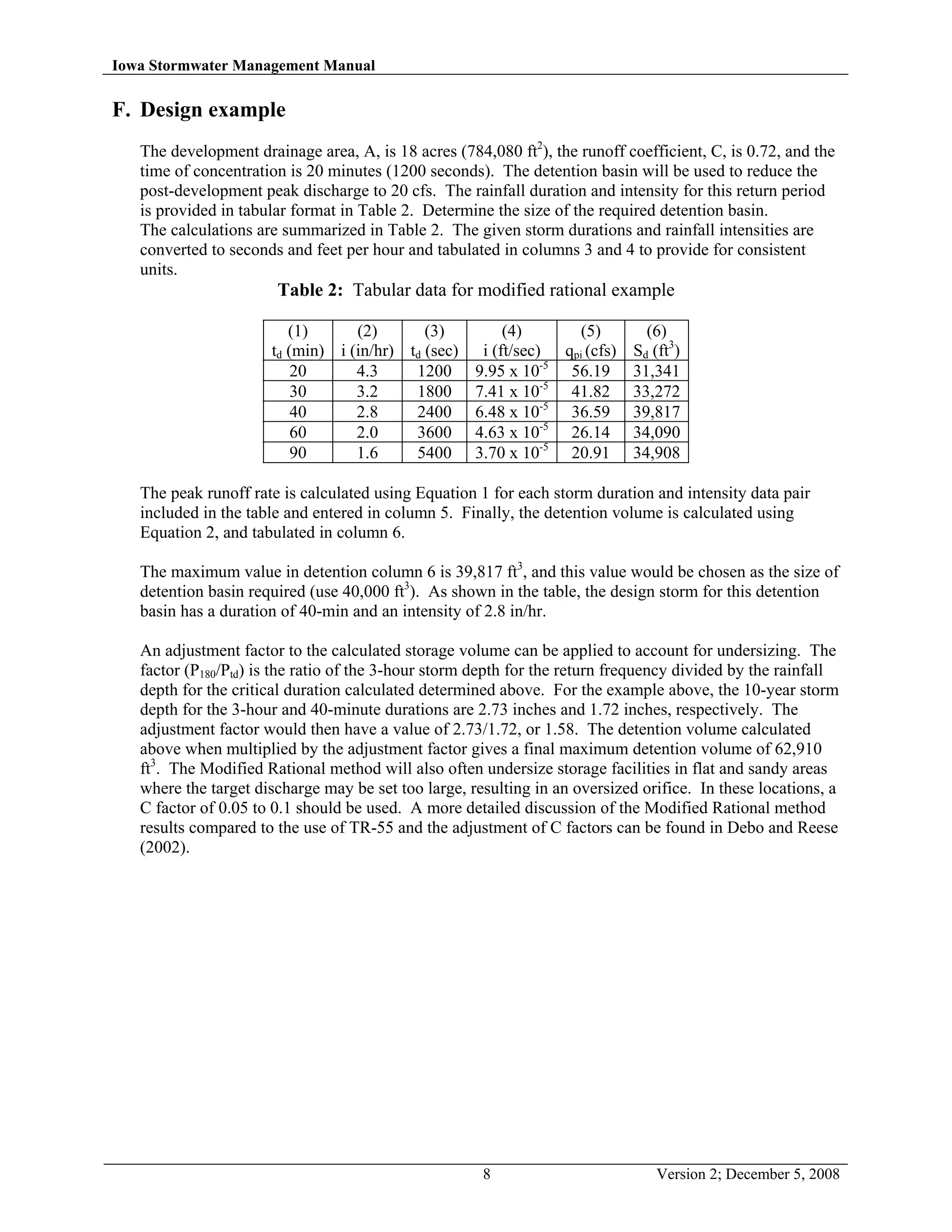 Iowa Stormwater Management Manual
8 Version 2; December 5, 2008
F. Design example
The development drainage area, A, is 18 acres (784,080 ft2
), the runoff coefficient, C, is 0.72, and the
time of concentration is 20 minutes (1200 seconds). The detention basin will be used to reduce the
post-development peak discharge to 20 cfs. The rainfall duration and intensity for this return period
is provided in tabular format in Table 2. Determine the size of the required detention basin.
The calculations are summarized in Table 2. The given storm durations and rainfall intensities are
converted to seconds and feet per hour and tabulated in columns 3 and 4 to provide for consistent
units.
Table 2: Tabular data for modified rational example
(1)
td (min)
(2)
i (in/hr)
(3)
td (sec)
(4)
i (ft/sec)
(5)
qpi (cfs)
(6)
Sd (ft3
)
20 4.3 1200 9.95 x 10-5
56.19 31,341
30 3.2 1800 7.41 x 10-5
41.82 33,272
40 2.8 2400 6.48 x 10-5
36.59 39,817
60 2.0 3600 4.63 x 10-5
26.14 34,090
90 1.6 5400 3.70 x 10-5
20.91 34,908
The peak runoff rate is calculated using Equation 1 for each storm duration and intensity data pair
included in the table and entered in column 5. Finally, the detention volume is calculated using
Equation 2, and tabulated in column 6.
The maximum value in detention column 6 is 39,817 ft3
, and this value would be chosen as the size of
detention basin required (use 40,000 ft3
). As shown in the table, the design storm for this detention
basin has a duration of 40-min and an intensity of 2.8 in/hr.
An adjustment factor to the calculated storage volume can be applied to account for undersizing. The
factor (P180/Ptd) is the ratio of the 3-hour storm depth for the return frequency divided by the rainfall
depth for the critical duration calculated determined above. For the example above, the 10-year storm
depth for the 3-hour and 40-minute durations are 2.73 inches and 1.72 inches, respectively. The
adjustment factor would then have a value of 2.73/1.72, or 1.58. The detention volume calculated
above when multiplied by the adjustment factor gives a final maximum detention volume of 62,910
ft3
. The Modified Rational method will also often undersize storage facilities in flat and sandy areas
where the target discharge may be set too large, resulting in an oversized orifice. In these locations, a
C factor of 0.05 to 0.1 should be used. A more detailed discussion of the Modified Rational method
results compared to the use of TR-55 and the adjustment of C factors can be found in Debo and Reese
(2002).
 