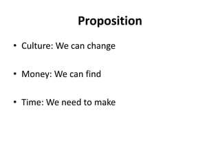 Proposition
• Culture: We can change

• Money: We can find

• Time: We need to make
 
