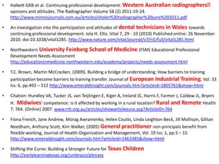 •   Halkett GKB et al. Continuing professional development: Western Australian radiographersʼ
    opinions and attitudes. The Radiographer Volume 58 (2) 2011:19-24.
    http://www.minnisjournals.com.au/articles/sholer%20radiographer%20june%202011.pdf

•   An investigation into the participation and attitudes of dental technicians in Wales towards
    continuing professional development. Iola H. Ellis. Vital 7, 29 - 33 (2010) Published online: 26 November
    2010. doi:10.1038/vital1285. http://www.nature.com/vital/journal/v7/n5/full/vital1285.html

•   Northwestern University Feinberg School of Medicine (FSM) Educational Professional
    Development Needs Assessment
    http://educationinmedicine.northwestern.edu/academy/projects/needs-assessment.html

•   T.C. Brown, Martin McCracken, (2009). Building a bridge of understanding: How barriers to training
    participation become barriers to training transfer. Journal of European Industrial Training, Vol. 33
    Iss: 6, pp.492 – 512 http://www.emeraldinsight.com/journals.htm?articleid=1805761&show=html

•   Citation: Hundley VA, Tucker JS, van Teijlingen E, Kiger A, Ireland JC, Harris F, Farmer J, Caldow JL, Bryers
    H. Midwives' competence: is it affected by working in a rural location? Rural and Remote Health
    7: 764. (Online) 2007. www.rrh.org.au/articles/showarticleeuro.asp?ArticleID=764

•   Fiona French, Jane Andrew, Morag Awramenko, Helen Coutts, Linda Leighton-Beck, Jill Mollison, Gillian
    Needham, Anthony Scott, Kim Walker, (2005) General practitioner non-principals benefit from
    flexible working, Journal of Health Organization and Management, Vol. 19 Iss: 1, pp.5 – 15
    http://www.emeraldinsight.com/journals.htm?articleid=1463385&show=html

•   Shifting the Curve: Building a Stronger Future for Texas Children
    http://earlylearningtexas.org/umbraco/plenary
 