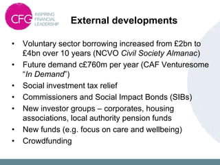 External developments
• Voluntary sector borrowing increased from £2bn to
£4bn over 10 years (NCVO Civil Society Almanac)
• Future demand c£760m per year (CAF Venturesome
“In Demand”)
• Social investment tax relief
• Commissioners and Social Impact Bonds (SIBs)
• New investor groups – corporates, housing
associations, local authority pension funds
• New funds (e.g. focus on care and wellbeing)
• Crowdfunding
 