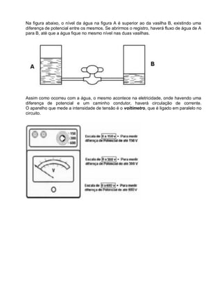 Na figura abaixo, o nível da água na figura A é superior ao da vasilha B, existindo uma
diferença de potencial entre os mesmos. Se abrirmos o registro, haverá fluxo de água de A
para B, até que a água fique no mesmo nível nas duas vasilhas.




Assim como ocorreu com a água, o mesmo acontece na eletricidade, onde havendo uma
diferença de potencial e um caminho condutor, haverá circulação de corrente.
O aparelho que mede a intensidade de tensão é o voltímetro, que é ligado em paralelo no
circuito.
 