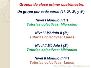 Grupos de clase primer cuatrimestre:
Un grupo por cada curso (1º, 2º, 3º, y 4º)
Nivel I Módulo I (1º)
Tutorías colectivas: Miércoles
Nivel I Módulo II (2º)
Tutorías colectivas: Lunes
Nivel II Módulo I (3º)
Tutorías colectivas: Miércoles
Nivel II Módulo II (4º)
Tutorías colectivas: Lunes
© Juan José Nicasio Llach - Jefe de Estudios Adjunto
 