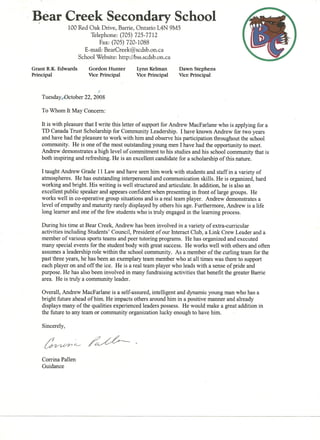 Bear Creek Reference Letter