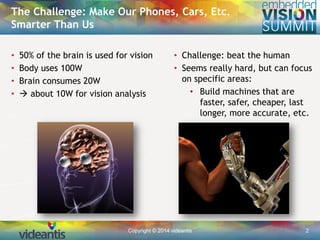 Copyright © 2014 videantis 2
• 50% of the brain is used for vision
• Body uses 100W
• Brain consumes 20W
•  about 10W for vision analysis
The Challenge: Make Our Phones, Cars, Etc.
Smarter Than Us
• Challenge: beat the human
• Seems really hard, but can focus
on specific areas:
• Build machines that are
faster, safer, cheaper, last
longer, more accurate, etc.
 