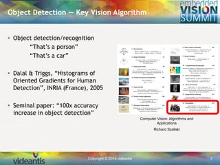 Copyright © 2014 videantis 3
• Object detection/recognition
“That’s a person”
“That’s a car”
• Dalal & Triggs, “Histograms of
Oriented Gradients for Human
Detection”, INRIA (France), 2005
• Seminal paper: “100x accuracy
increase in object detection”
Object Detection — Key Vision Algorithm
Computer Vision: Algorithms and
Applications
Richard Szeliski
 