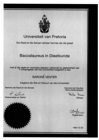 Post Graduate Diploma Dietetics Certificate