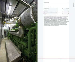 Financiële toelichting
Financiële baten en lasten
(in miljoenen euro’s) 007 (Pro forma*) 006
Rentebaten 1,8 6,5
Rentelasten -4,0 -,3
Oprenten voorziening pensioenjubileum - -0,1
Totaal 8,8 4,1
De financiële baten en lasten betreffen de rente over het banksaldo en de
rekening courant positie met verbonden maatschappijen. In 007 zijn de
rentebaten als gevolg van een aantal bijzondere oorzaken gestegen. Een
tweetal klanten is in 007 door de rechter veroordeeld tot het betalen van
het openstaande saldo inclusief wettelijke rente. Bovendien heeft de
belastingdienst een suppletieaangifte met betrekking tot de omzetbelasting
over 004 uitbetaald inclusief wettelijke rente. Een eenmalige correctie
inclusief rente met betrekking tot het uitstaande voorschotsaldo bij
kleinverbruikers had eveneens een gunstig effect op de financiële baten.
Het betreft hier een intercompany verrekening.
87
Jaarverslag007
 
