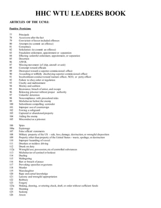 HHC WTU LEADERS BOOK
ARTICLES OF THE UCMJ:
Punitive Provisions
77 Principals
78 Accessory after the fact
79 Conviction of lesser included offenses
80 Attempts (to commit an offense)
81 Conspiracy
82 Solicitation (to commit an offense)
83 Fraudulent enlistment, appointment or separation
84 Effecting unlawful enlistment, appointment, or separation
85 Desertion
86 AWOL
87 Missing movement (of ship, aircraft or unit)
88 Contempt toward officials
89 Disrespect toward a superior commissioned officer
90 Assaulting or willfully disobeying superior commissioned officer
91 Insubordinate conduct toward warrant officer, NCO, or petty officer
92 Failure to obey order or regulation
93 Cruelty and maltreatment
94 Mutiny and sedition
95 Resistance, breach of arrest, and escape
96 Releasing prisoner without proper authority
97 Unlawful detention
98 Noncompliance with procedural rules
99 Misbehavior before the enemy
100 Subordinate compelling surrender
101 Improper use of countersign
102 Forcing a safeguard
103 Captured or abandoned property
104 Aiding the enemy
105 Misconduct as a prisoner
106 Spies
106a Espionage
107 False official statements
108 Military property of the US - sale, loss,damage, destruction,or wrongful disposition
109 Property other than property of the United States - waste, spoilage, or destruction
110 Improper hazarding of vessel
111 Drunken or reckless driving
112 Drunk on duty
112a Wrongful use, possession,etc of controlled substances
113 Misbehavior of sentinel or lookout
114 Dueling
115 Malingering
116 Riot or breach of peace
117 Provoking speeches orgestures
118 Murder
119 Manslaughter
120 Rape and carnal knowledge
121 Larceny and wrongful appropriation
122 Robbery
123 Forgery
123a Making, drawing, or uttering check, draft, or order without sufficient funds
124 Maiming
125 Sodomy
126 Arson
 
