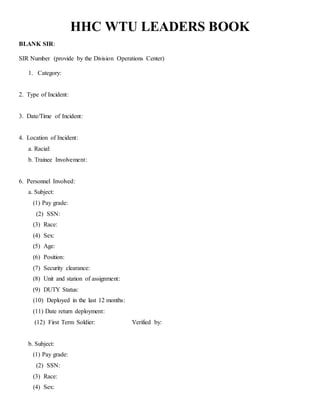 HHC WTU LEADERS BOOK
BLANK SIR:
SIR Number (provide by the Division Operations Center)
1. Category:
2. Type of Incident:
3. Date/Time of Incident:
4. Location of Incident:
a. Racial:
b. Trainee Involvement:
6. Personnel Involved:
a. Subject:
(1) Pay grade:
(2) SSN:
(3) Race:
(4) Sex:
(5) Age:
(6) Position:
(7) Security clearance:
(8) Unit and station of assignment:
(9) DUTY Status:
(10) Deployed in the last 12 months:
(11) Date return deployment:
(12) First Term Soldier: Verified by:
b. Subject:
(1) Pay grade:
(2) SSN:
(3) Race:
(4) Sex:
 