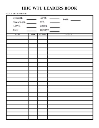 HHC WTU LEADERS BOOK
DAILY DUTY STATUS:
 