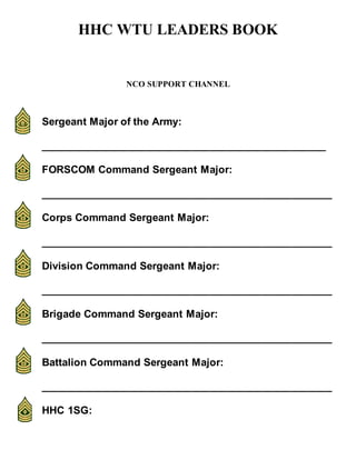 HHC WTU LEADERS BOOK
NCO SUPPORT CHANNEL
Sergeant Major of the Army:
_________________________________________________
FORSCOM Command Sergeant Major:
__________________________________________________
Corps Command Sergeant Major:
__________________________________________________
Division Command Sergeant Major:
__________________________________________________
Brigade Command Sergeant Major:
__________________________________________________
Battalion Command Sergeant Major:
__________________________________________________
HHC 1SG:
 
