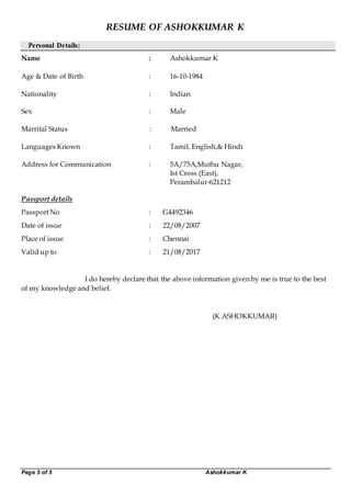 RREESSUUMMEE OOFF AASSHHOOKKKKUUMMAARR KK
Page 5 of 5 Ashokkumar K
Personal Details:
Name : Ashokkumar K
Age & Date of Birth : 16-10-1984
Nationality : Indian
Sex : Male
Marrital Status : Married
Languages Known : Tamil, English,& Hindi
Address for Communication : 5A/75A,Muthu Nagar,
Ist Cross (East),
Perambalur-621212
Passport details
Passport No : G4492346
Date of issue : 22/08/2007
Place of issue : Chennai
Valid up to : 21/08/2017
I do hereby declare that the above information given by me is true to the best
of my knowledge and belief.
(K.ASHOKKUMAR)
 