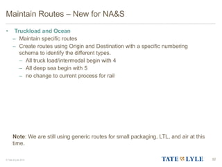 © Tate & Lyle 2014
Maintain Routes – New for NA&S
• Truckload and Ocean
– Maintain specific routes
– Create routes using Origin and Destination with a specific numbering
schema to identify the different types.
– All truck load/intermodal begin with 4
– All deep sea begin with 5
– no change to current process for rail
Note: We are still using generic routes for small packaging, LTL, and air at this
time.
32
 