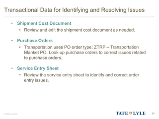 © Tate & Lyle 2014
• Shipment Cost Document
• Review and edit the shipment cost document as needed.
• Purchase Orders
• Transportation uses PO order type: ZTRP – Transportation
Blanket PO. Look up purchase orders to correct issues related
to purchase orders.
• Service Entry Sheet
• Review the service entry sheet to identify and correct order
entry issues.
Transactional Data for Identifying and Resolving Issues
80
 