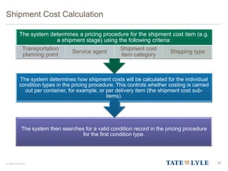 © Tate & Lyle 2014
The system then searches for a valid condition record in the pricing procedure
for the first condition type.
The system determines how shipment costs will be calculated for the individual
condition types in the pricing procedure. This controls whether costing is carried
out per container, for example, or per delivery item (the shipment cost sub-
items).
The system determines a pricing procedure for the shipment cost item (e.g.
a shipment stage) using the following criteria:
Transportation
planning point
Service agent
Shipment cost
item category
Shipping type
Shipment Cost Calculation
81
 