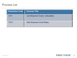 © Tate & Lyle 2014
Transaction Code Exercise Title
VI11 List Shipment Costs: Calculation
TK11 Add Shipment Cost Rates
Process List
92
 