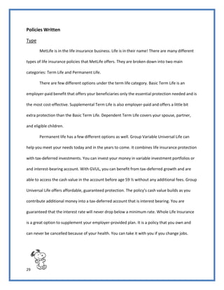 29
Policies Written
Type
MetLife is in the life insurance business. Life is in their name! There are many different
types of life insurance policies that MetLife offers. They are broken down into two main
categories: Term Life and Permanent Life.
There are few different options under the term life category. Basic Term Life is an
employer-paid benefit that offers your beneficiaries only the essential protection needed and is
the most cost-effective. Supplemental Term Life is also employer-paid and offers a little bit
extra protection than the Basic Term Life. Dependent Term Life covers your spouse, partner,
and eligible children.
Permanent life has a few different options as well. Group Variable Universal Life can
help you meet your needs today and in the years to come. It combines life insurance protection
with tax-deferred investments. You can invest your money in variable investment portfolios or
and interest-bearing account. With GVUL, you can benefit from tax-deferred growth and are
able to access the cash value in the account before age 59 ½ without any additional fees. Group
Universal Life offers affordable, guaranteed protection. The policy’s cash value builds as you
contribute additional money into a tax-deferred account that is interest bearing. You are
guaranteed that the interest rate will never drop below a minimum rate. Whole Life Insurance
is a great option to supplement your employer-provided plan. It is a policy that you own and
can never be cancelled because of your health. You can take it with you if you change jobs.
 