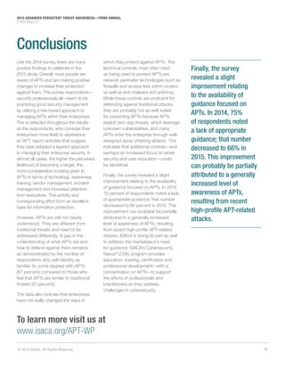 15© 2015 ISACA. All Rights Reserved.
2015 ADVANCED PERSISTENT THREAT AWARENESS—THIRD ANNUAL
STUDY RESULTS
Conclusions
Like the 2014 survey, there are many
positive findings to celebrate in the
2015 study. Overall, more people are
aware of APTs and are making positive
changes to increase their protection
against them. The survey respondents—
security professionals all—seem to be
practicing good security management
by utilizing a risk-based approach to
managing APTs within their enterprises.
This is reflected throughout the results
as the respondents, who consider their
enterprises more likely to experience
an APT, report activities that suggest
they have adopted a layered approach
to managing their enterprise security. In
almost all cases, the higher the perceived
likelihood of becoming a target, the
more consideration is being given to
APTs in terms of technology, awareness
training, vendor management, incident
management and increased attention
from executives. This activity and
corresponding effort form an excellent
base for information protection.
However, APTs are still not clearly
understood. They are different from
traditional threats and need to be
addressed differently. A gap in the
understanding of what APTs are and
how to defend against them remains,
as demonstrated by the number of
respondents who self-identity as
familiar (to some degree) with APTs
(67 percent) compared to those who
feel that APTs are similar to traditional
threats (51 percent).
The data also indicate that enterprises
have not really changed the ways in
which they protect against APTs. The
technical controls most often cited
as being used to prevent APTs are
network perimeter technologies such as
firewalls and access lists within routers,
as well as anti-malware and antivirus.
While these controls are proficient for
defending against traditional attacks,
they are probably not as well suited
for preventing APTs because APTs
exploit zero-day threats, which leverage
unknown vulnerabilities, and many
APTs enter the enterprise through well-
designed spear phishing attacks. This
indicates that additional controls—and
perhaps an increased focus on email
security and user education—could
be beneficial.
Finally, the survey revealed a slight
improvement relating to the availability
of guidance focused on APTs. In 2014,
75 percent of respondents noted a lack
of appropriate guidance; that number
decreased to 66 percent in 2015. This
improvement can probably be partially
attributed to a generally increased
level of awareness of APTs, resulting
from recent high-profile APT-related
attacks. ISACA is doing its part as well
to address the marketplace’s need
for guidance. ISACA’s Cybersecurity
Nexus®
(CSX) program provides
education, training, certification and
professional development—with a
concentration on APTs—to support
the efforts of professionals and
practitioners as they address
challenges in cybersecurity.
Finally, the survey
revealed a slight
improvement relating
to the availability of
guidance focused on
APTs. In 2014, 75%
of respondents noted
a lack of appropriate
guidance; that number
decreased to 66% in
2015. This improvement
can probably be partially
attributed to a generally
increased level of
awareness of APTs,
resulting from recent
high-profile APT-related
attacks.
To learn more visit us at
www.isaca.org/APT-WP
 