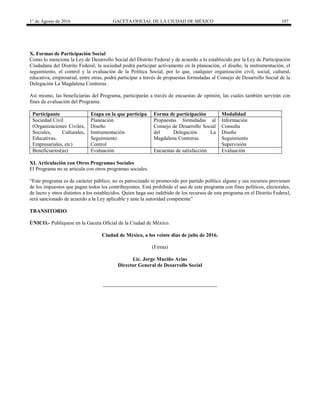 1° de Agosto de 2016 GACETA OFICIAL DE LA CIUDAD DE MÉXICO 107
X. Formas de Participación Social
Como lo menciona la Ley de Desarrollo Social del Distrito Federal y de acuerdo a lo establecido por la Ley de Participación
Ciudadana del Distrito Federal, la sociedad podrá participar activamente en la planeación, el diseño, la instrumentación, el
seguimiento, el control y la evaluación de la Política Social, por lo que, cualquier organización civil, social, cultural,
educativa, empresarial, entre otras, podrá participar a través de propuestas formuladas al Consejo de Desarrollo Social de la
Delegación La Magdalena Contreras .
Así mismo, las beneficiarias del Programa, participarán a través de encuestas de opinión, las cuales también servirán con
fines de evaluación del Programa.
Participante Etapa en la que participa Forma de participación Modalidad
Sociedad Civil
(Organizaciones Civiles,
Sociales, Culturales,
Educativas,
Empresariales, etc)
Planeación
Diseño
Instrumentación
Seguimiento
Control
Propuestas formuladas al
Consejo de Desarrollo Social
del Delegación La
Magdalena Contreras.
Información
Consulta
Diseño
Seguimiento
Supervisión
Beneficiarios(as) Evaluación Encuestas de satisfacción Evaluación
XI. Articulación con Otros Programas Sociales
El Programa no se articula con otros programas sociales.
“Este programa es de carácter público, no es patrocinado ni promovido por partido político alguno y sus recursos provienen
de los impuestos que pagan todos los contribuyentes. Está prohibido el uso de este programa con fines políticos, electorales,
de lucro y otros distintos a los establecidos. Quien haga uso indebido de los recursos de este programa en el Distrito Federal,
será sancionado de acuerdo a la Ley aplicable y ante la autoridad competente”
TRANSITORIO
ÚNICO.- Publíquese en la Gaceta Oficial de la Ciudad de México.
Ciudad de México, a los veinte días de julio de 2016.
(Firma)
Lic. Jorge Muciño Arias
Director General de Desarrollo Social
 