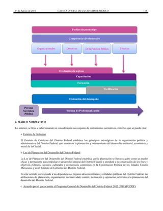 1° de Agosto de 2016 GACETA OFICIAL DE LA CIUDAD DE MÉXICO 113
2. MARCO NORMATIVO
Lo anterior, se lleva a cabo tomando en consideración un conjunto de instrumentos normativos, entre los que se puede citar:
a. Estatuto de Gobierno
El Estatuto de Gobierno del Distrito Federal establece los principios estratégicos de la organización política y
administrativa del Distrito Federal, que atenderán la planeación y ordenamiento del desarrollo territorial, económico y
social de la Ciudad.
b. Ley de Planeación del Desarrollo del Distrito Federal
La Ley de Planeación del Desarrollo del Distrito Federal establece que la planeación se llevará a cabo como un medio
eficaz y permanente para impulsar el desarrollo integral del Distrito Federal y atenderá a la consecución de los fines y
objetivos políticos, sociales, culturales y económicos contenidos en la Constitución Política de los Estados Unidos
Mexicanos y en el Estatuto de Gobierno del Distrito Federal.
En este sentido, corresponde a las dependencias, órganos desconcentrados y entidades públicas del Distrito Federal, las
atribuciones de planeación, organización, normatividad, control, evaluación y operación, referidas a la planeación del
desarrollo del Distrito Federal.
c. Acuerdo por el que se emite el Programa General de Desarrollo del Distrito Federal 2013-2018 (PGDDF)
 