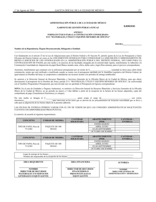 1° de Agosto de 2016 GACETA OFICIAL DE LA CIUDAD DE MÉXICO 27
ADMINISTRACIÓN PÚBLICA DE LA CIUDAD DE MÉXICO
GABINETE DE GESTIÓN PÚBLICA EFICAZ
ANEXO 2
FORMATO ÚNICO PARA LA CONTRATACIÓN CONSOLIDADA
2111 “MATERIALES, ÚTILES Y EQUIPOS MENORES DE OFICINA”
FECHA:__________________
Nombre de la Dependencia, Órgano Desconcentrado, Delegación o Entidad:
________________________________________________________________________________________________________________
Con fundamento en el artículo 23 de la Ley de Adquisiciones para el Distrito Federal y 83 fracción IV, párrafo quinto de la Ley de Presupuesto y Gasto
Eficiente del Distrito Federal, así como en los LINEAMIENTOS GENERALES PARA CONSOLIDAR LA ADQUISICIÓN O ARRENDAMIENTO DE
BIENES O SERVICIOS DE USO GENERALIZADO EN LA ADMINISTRACIÓN PÚBLICA DEL DISTRITO FEDERAL, ASÍ COMO PARA LA
CENTRALIZACIÓN DE PAGOS, por este medio y en ejercicio de las facultades otorgadas por la normatividad vigente, manifestamos la Adhesión a la
Contratación Consolidada de Adquisición de papel Bond Blanco tamaño carta, oficio, doble carta y legal (Para nómina), para el ejercicio correspondiente.
Asimismo, manifestamos que contamos con la suficiencia presupuestal por un monto de $_____________________ (cantidad en letra) para cubrir dicha
contratación, monto que será ratificado o modificado cuando se cuente con el presupuesto aprobado por la Asamblea Legislativa del Distrito Federal, de
igual manera la (Nombre del área), se compromete a calendarizar sus recursos acorde a los periodos de entrega establecidos.
Se autoriza a la Dirección General de Recursos Materiales y Servicios Generales de la Oficialía Mayor de la Ciudad de México, para que afecte
directamente el presupuesto de la (Nombre del Área), partida 2111 “MATERIALES, ÚTILES Y EQUIPOS MENORES DE OFICINA”, de conformidad
con el Analítico Programático Presupuestal, que será enviado una vez aprobado el Presupuesto de Egresos correspondiente.
NOTA: En el caso de Entidades y Órganos Autónomos, se remitirá a la Dirección General de Recursos Materiales y Servicios Generales de la Oficialía
Mayor de la Ciudad de México, en un periodo no mayor a 5 días hábiles a partir de la recepción de la factura de los bienes adquiridos, copia del
comprobante de pago (Transferencia Electrónica y/o cheque).
Por este medio se designa al C._____________________________, quien ocupa el cargo de____________________________, con correo
electrónico:___________________________, para intervenir en los actos que se deriven de los procedimientos de licitación consolidada que se lleve a
cabo para la adquisición de los bienes objeto de la presente adhesión.
LAS FECHAS DE ENTREGA PODRÁN VARIAR CON EL FIN DE VERIFICAR QUE LAS UNIDADES ADMINISTRATIVAS SOLICITANTES
CUENTEN CON DISPONIBILIDAD PRESUPUESTAL.
Lo anterior, de acuerdo al siguiente requerimiento:
CONCEPTO UNIDAD DE MEDIDA
CANTIDAD
SOLICITADA
ABASTECIMIENTO
(PER)
CANTIDAD –
ENTREGA
TIPO DE PAPEL Peso de
75 G/M2
PAQUETE DE 500
HOJAS
ENERO-MARZO
ABRIL-JUNIO
JULIO-SEPTIEMBRE
OCTUBRE-DICIEMBRE
CONCEPTO UNIDAD DE MEDIDA
CANTIDAD
SOLICITADA
ABASTECIMIENTO
(PER)
CANTIDAD –
ENTREGA
TIPO DE PAPEL Peso de
75 G/M2
PAQUETE DE 500
HOJAS
ENERO-MARZO
ABRIL-JUNIO
JULIO-SEPTIEMBRE
OCTUBRE-DICIEMBRE
Lugar de entrega de los bienes:___________________________________________________________________________________
Nombre del responsable de la recepción de los bienes:________________________________________________________________
ÁREA REQUIRENTE
____________________________
NOMBRE
DIRECTOR DE RECURSOS
MATERIALES Y/O SERVICIOS
GENERALES O EQUIVALENTE
ÁREA FINANCIERA
_____________________________
DIRECTOR DE RECURSOS
FINANCIEROS O
PRESUPUESTALES O
EQUIVALENTE
AUTORIZA
_____________________________
NOMBRE
DIRECTOR GENERAL DE
ADMINISTRACIÓN U HOMOLOGO
EJERCICIO
20________
 