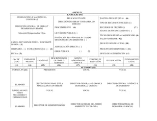 ANEXO IV
EJERCICIO 2016
DELEGACIÓN LA MAGDALENA
CONTRERAS
ÁREA SOLICITANTE: PARTIDA PRESUPUESTAL (6)
DIRECCIÓN DE OBRAS Y DESARROLLO
URBANO
TIPO DE RECURSOS: FISCALES ( )
DIRECCIÓN GENERAL DE OBRAS Y
DESARROLLO URBANO
PROCEDIMIENTO (4) RECURSOS DE CRÉDITO ( ) ( 7 )
FUENTE DE FINANCIAMIENTO ( )
Subcomité Delegacional de Obras LICITACIÓN PÚBLICA ( )
TECHO PRESUPUESTAL MODIFICADO (8)
INVITACIÓN RESTRINGIDA A CUANDO
MENOS TRES CONCURSANTES ( )
SALDO ANTERIOR ( 9 ))
CASO A DICTAMINAR POR EL SUBCOMITÉ
SESIÓN: ( 1 )
PRESUPUESTO DEL CASO ( 10 )
ADJUDICACIÓN DIRECTA ( )
ORDINARIA ( ) EXTRAORDINARIA ( ) (2) PRESUPUESTO DISPONIBLE ( 11 )
OBRA PÚBLICA ( ) (5)
FECHA: ( 3) OFICIO DE AUTORIZACIÓN ( 12
No. DE
CASO
UNIDAD DE
MEDIDA
CANTIDAD
DESCRIPCIÓN DE
LA OBRA O
SERVICIO
MONTO
APROXIMADO
CON IVA
PERIODO DE
EJECUCIÓN
JUSTIFICACIÓN
FUNDAMENTO
LEGAL
(13) (14) (15) (16) (17) (18) (19) (20)
AUTORIAN (22)
FORMULAN (21) PRESIDENTE VOCAL VOCAL
ELABORÓ
JEFE DELEGACIONAL EN LA
MAGDALENA CONTRERAS
DIRECTOR GENERAL DE OBRAS Y
DESARROLLO URBANO
DIRECTOR GENERAL JURÍDICO Y
DE GOBIERNO
JUD DE AVANCE
FÍSICO
FINANCIERO Y
ESTIMACIONES
VOCAL VOCAL VOCAL
ELABORO
DIRECTOR DE ADMINISTRACIÓN
DIRECTOR GENERAL DEL MEDIO
AMBIENTE Y ECOLOGÍA
DIRECTOR GENRAL DE
DESARROLLO SOCIAL
 