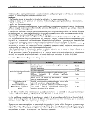 1° de Agosto de 2016 GACETA OFICIAL DE LA CIUDAD DE MÉXICO 55
El número de folio se entregará únicamente a aquellas solicitantes que hagan entrega de su solicitud y de la documentación
completa, en ningún caso podrán reservarse números de folio.
Operación.
1. La Dirección General de Desarrollo Social recibe las solicitudes y los documentos requeridos.
2. Otorga un número de folio que servirá para corroborar el orden cronológico de entrega de solicitudes y documentación.
3. Integra los expedientes.
4. Revisa cada una de las solicitudes.
5. Elabora una relación con los solicitantes que hayan cumplido con los requisitos respetando estrictamente el orden en que
se hayan entregado los documentos y las solicitudes. Así mismo deberá elaborar un documento que justifique cada uno de
los casos calificados como desfavorables.
6. La Dirección General de Desarrollo Social enviará mediante oficio el padrón de beneficiarias a la Dirección de General
de Administración, para que se realicen los trámites correspondientes para la entrega de los apoyos de acuerdo con su tipo y
temporalidad que se determinan en las presentes Reglas de Operación.
7. Una vez que realice la gestión ante la Dirección General de Administración, la Dirección General de Desarrollo Social
dará aviso a las personas calificadas favorablemente para que asistan a firmar la documentación necesaria para formalizar su
integración al Programa, con lo cual formaran parte del padrón de beneficiarias del Programa durante el ejercicio fiscal
2016, quedando sujetas a cumplir con los requisitos de permanencia establecidos en estas Reglas de Operación.
8. La Dirección General de Desarrollo Social, publicará en el sitio www. mcontreras.df.gob.mx, así como en el Sistema de
Información del Desarrollo del Distrito Federal y en la Gaceta Oficial del Distrito Federal, el padrón de beneficiarias en su
versión pública, para que sea del conocimiento de cualquier interesada.
9. La Dirección General de Administración realizará los trámites necesarios para la entrega en tiempo y forma de los
apoyos, de acuerdo con el cronograma elaborado para estos fines.
10. Las Direcciones Generales de Administración y de Desarrollo Social se encargará de procesar la documentación
necesaria para comprobar la realización del pago., así como de los diversos instrumentos de recolección de datos.
6.2 Unidades Administrativas Responsables de implementación
Unidad Administrativa
Responsable
Actividades Temporalidad
Dirección General de Desarrollo
Social
Recibir solicitudes y documentación completa y otorgar
números de folio
5 días
Integrar expedientes 5 días
Revisar expedientes 10 días
Elaborar relación de solicitudes calificadas favorablemente
Elaborar justificación de solicitudes calificadas
desfavorablemente.
3 días
Enviar oficio con padrón de beneficiarias a Dirección
General de Administración
1 día
Dirección General de
Administración
Realizar los trámites correspondientes para la entrega de los
apoyos de acuerdo con su tipo y temporalidad
8 días
Direcciones Generales de
Administración y Desarrollo
Social
Dar aviso a las personas calificadas favorablemente para
que asistan a firmar la documentación necesaria para
formalizar su integración al Programa
10 días
6.3 Los datos personales de las beneficiarias son resguardados de acuerdo a lo establecido en la Ley de Transparencia y
Acceso a la Información Pública, y de Protección de Datos Personales del Distrito Federal.
6.4. De igual forma se establece que de acuerdo con el artículo 38 de la Ley de Desarrollo Social del Distrito Federal, y
artículo 60 de su Reglamento, todo material de difusión, cartas compromiso y otros instrumentos que se suscriban o
formalicen con ellos, deben llevar impreso la siguiente leyenda:
“Este programa es de carácter público, no es patrocinado ni promovido por partido político alguno y sus recursos provienen
de los impuestos que pagan todos los contribuyentes. Está prohibido el uso de este programa con fines políticos, electorales,
de lucro y otros distintos a los establecidos. Quien haga uso indebido de los recursos de este programa en el Distrito Federal,
será sancionado de acuerdo a la Ley aplicable y ante la autoridad competente”
 