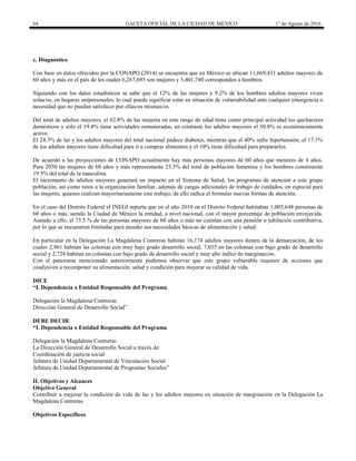 64 GACETA OFICIAL DE LA CIUDAD DE MÉXICO 1° de Agosto de 2016
c. Diagnóstico
Con base en datos ofrecidos por la CONAPO (2014) se encuentra que en México se ubican 11,669,431 adultos mayores de
60 años y más en el país de los cuales 6,267,693 son mujeres y 5,401,740 corresponden a hombres.
Siguiendo con los datos estadísticos se sabe que el 12% de las mujeres y 9.2% de los hombres adultos mayores viven
solas/os, en hogares unipersonales, lo cual puede significar estar en situación de vulnerabilidad ante cualquier emergencia o
necesidad que no puedan satisfacer por ellas/os mismas/os.
Del total de adultos mayores, el 62.8% de las mujeres en este rango de edad tiene como principal actividad los quehaceres
domésticos y sólo el 19.4% tiene actividades remuneradas, en contraste los adultos mayores el 50.8% es económicamente
activo.
El 24.3% de las y los adultos mayores del total nacional padece diabetes, mientras que el 40% sufre hipertensión; el 17.1%
de los adultos mayores tiene dificultad para ir a comprar alimentos y el 10% tiene dificultad para prepararlos.
De acuerdo a las proyecciones de CONAPO actualmente hay más personas mayores de 60 años que menores de 4 años.
Para 2050 las mujeres de 60 años y más representarán 23.3% del total de población femenina y los hombres constituirán
19.5% del total de la masculina.
El incremento de adultos mayores generará un impacto en el Sistema de Salud, los programas de atención a este grupo
población, así como retos a la organización familiar, además de cargas adicionales de trabajo de cuidados, en especial para
las mujeres, quienes realizan mayoritariamente este trabajo, de ello radica el formular nuevas formas de atención.
En el caso del Distrito Federal el INEGI reporta que en el año 2010 en el Distrito Federal habitaban 1,003,648 personas de
60 años o más, siendo la Ciudad de México la entidad, a nivel nacional, con el mayor porcentaje de población envejecida.
Aunado a ello, el 73.5 % de las personas mayores de 60 años o más no cuentan con una pensión o jubilación contributiva,
por lo que se encuentran limitadas para atender sus necesidades básicas de alimentación y salud.
En particular en la Delegación La Magdalena Contreras habitan 16,174 adultos mayores dentro de la demarcación, de los
cuales 2,961 habitan las colonias con muy bajo grado desarrollo social; 7,035 en las colonias con bajo grado de desarrollo
social y 2,724 habitan en colonias con bajo grado de desarrollo social y muy alto índice de marginación.
Con el panorama mencionado anteriormente podemos observar que este grupo vulnerable requiere de acciones que
coadyuven a recomponer su alimentación, salud y condición para mejorar su calidad de vida.
DICE
“I. Dependencia o Entidad Responsable del Programa
Delegación la Magdalena Contreras
Dirección General de Desarrollo Social”
DEBE DECIR
“I. Dependencia o Entidad Responsable del Programa
Delegación la Magdalena Contreras
La Dirección General de Desarrollo Social a través de:
Coordinación de justicia social
Jefatura de Unidad Departamental de Vinculación Social
Jefatura de Unidad Departamental de Programas Sociales”
II. Objetivos y Alcances
Objetivo General
Contribuir a mejorar la condición de vida de las y los adultos mayores en situación de marginación en la Delegación La
Magdalena Contreras.
Objetivos Específicos
 