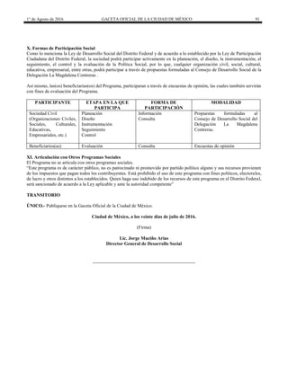 1° de Agosto de 2016 GACETA OFICIAL DE LA CIUDAD DE MÉXICO 91
X. Formas de Participación Social
Como lo menciona la Ley de Desarrollo Social del Distrito Federal y de acuerdo a lo establecido por la Ley de Participación
Ciudadana del Distrito Federal, la sociedad podrá participar activamente en la planeación, el diseño, la instrumentación, el
seguimiento, el control y la evaluación de la Política Social, por lo que, cualquier organización civil, social, cultural,
educativa, empresarial, entre otras, podrá participar a través de propuestas formuladas al Consejo de Desarrollo Social de la
Delegación La Magdalena Contreras .
Así mismo, las(os) beneficiarias(os) del Programa, participaran a través de encuestas de opinión, las cuales también servirán
con fines de evaluación del Programa.
PARTICIPANTE ETAPA EN LA QUE
PARTICIPA
FORMA DE
PARTICIPACIÓN
MODALIDAD
Sociedad Civil
(Organizaciones Civiles,
Sociales, Culturales,
Educativas,
Empresariales, etc.)
Planeación
Diseño
Instrumentación
Seguimiento
Control
Información
Consulta
Propuestas formuladas al
Consejo de Desarrollo Social del
Delegación La Magdalena
Contreras.
Beneficiarios(as) Evaluación Consulta Encuestas de opinión
XI. Articulación con Otros Programas Sociales
El Programa no se articula con otros programas sociales.
“Este programa es de carácter público, no es patrocinado ni promovido por partido político alguno y sus recursos provienen
de los impuestos que pagan todos los contribuyentes. Está prohibido el uso de este programa con fines políticos, electorales,
de lucro y otros distintos a los establecidos. Quien haga uso indebido de los recursos de este programa en el Distrito Federal,
será sancionado de acuerdo a la Ley aplicable y ante la autoridad competente”
TRANSITORIO
ÚNICO.- Publíquese en la Gaceta Oficial de la Ciudad de México.
Ciudad de México, a los veinte días de julio de 2016.
(Firma)
Lic. Jorge Muciño Arias
Director General de Desarrollo Social
 