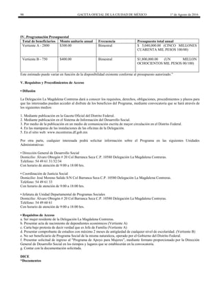 98 GACETA OFICIAL DE LA CIUDAD DE MÉXICO 1° de Agosto de 2016
IV. Programación Presupuestal
Total de beneficiarios Monto unitario anual Frecuencia Presupuesto total anual
Vertiente A - 2800 $300.00 Bimestral $ 5,040,000.00 (CINCO MILLONES
CUARENTA MIL PESOS 100/00)
Vertiente B - 750 $400.00 Bimestral $1,800,000.00 (UN MILLON
OCHOCIENTOS MIL PESOS 00/100)
Este estimado puede variar en función de la disponibilidad existente conforme al presupuesto autorizado.”
V. Requisitos y Procedimientos de Acceso
• Difusión
La Delegación La Magdalena Contreras dará a conocer los requisitos, derechos, obligaciones, procedimientos y plazos para
que las interesadas puedan acceder al disfrute de los beneficios del Programa, mediante convocatoria que se hará através de
los siguientes medios:
1. Mediante publicación en la Gaceta Oficial del Distrito Federal.
2. Mediante publicación en el Sistema de Información del Desarrollo Social.
3. Por medio de la publicación en un medio de comunicación escrita de mayor circulación en el Distrito Federal.
4. En las mamparas de las instalaciones de las oficinas de la Delegación.
5. En el sitio web: www.mcontreras.df.gob.mx
Por otra parte, cualquier interesada podrá solicitar información sobre el Programa en las siguientes Unidades
Administrativas:
• Dirección General de Desarrollo Social
Domicilio: Álvaro Obregón # 20 Col Barranca Seca C.P. 10580 Delegación La Magdalena Contreras.
Teléfono: 54 49 61 31/32/34
Con horario de atención de 9:00 a 18:00 hrs.
• Coordinación de Justicia Social
Domicilio: José Moreno Salido S/N Col Barranca Seca C.P. 10580 Delegación La Magdalena Contreras.
Teléfono: 54 49 61 33
Con horario de atención de 9:00 a 18:00 hrs.
• Jefatura de Unidad Departamental de Programas Sociales
Domicilio: Álvaro Obregón # 20 Col Barranca Seca C.P. 10580 Delegación La Magdalena Contreras.
Teléfono: 54 49 60 61
Con horario de atención de 9:00 a 18:00 hrs.
• Requisitos de Acceso
a. Ser mujer residente de la Delegación La Magdalena Contreras.
b. Presentar acta de nacimiento de dependientes económicos (Vertiente A)
c. Carta bajo protesta de decir verdad que es Jefa de Familia (Vertiente A)
d. Presentar comprobante de estudios con máximo 2 meses de antigüedad de cualquier nivel de escolaridad. (Vertiente B)
e. No ser beneficiario de Programa Social de la misma naturaleza, operado por el Gobierno del Distrito Federal.
f. Presentar solicitud de ingreso al "Programa de Apoyo para Mujeres”, mediante formato proporcionado por la Dirección
General de Desarrollo Social en los tiempos y lugares que se establecerán en la convocatoria.
g. Contar con la documentación solicitada.
DICE
“Documentos
 