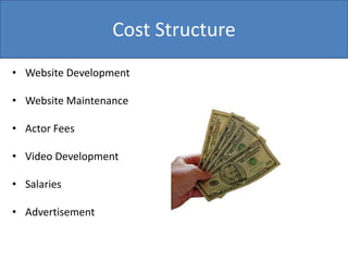 Cost Structure
• Website Development
• Website Maintenance
• Actor Fees
• Video Development
• Salaries
• Advertisement
 