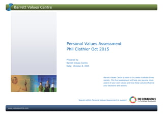 Barrett Values Centre
www.valuescentre.com
Special edition Personal Values Assessment to support:
Personal Values Assessment
Phil Clothier Oct 2015
Prepared by
Barrett Values Centre
Date: October 8, 2015
Barrett Values Centre’s vision is to create a values driven
society. This free assessment will help you become more
aware of your own values and how these values influence
your decisions and actions.
 