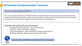 13
#3 Unreliable Estimates/Unrealistic Timeframes
Why are accurate estimates important?
The more accurate the estimates the better foundation a project manager has for project planning, especially project
timeframes. Estimating also allows a project manager to determine how best to leverage project resources with varying
skill levels can be best utilized in support of critical path and non-critical path items.
Example estimating tools and techniques:
• Analogous/top down estimation – Fast but less accurate
• Parametric – More accurate than analogous
• Three-point estimating – More accurate than analogous and parametric
• Bottom up estimating – Most accurate, most time consuming
https://pmstudycircle.com/2012/06/4-tools-to-estimate-costs-in-the-project-management/
 