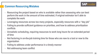 20
Common Resourcing Mistakes
• Resourcing the project based on who is available rather than assessing who can best
perform the work in the amount of time estimated, if original estimator isn’t able to
complete the work
• Leveraging resources across too many projects, especially resources with a “day job”
• Failing to provide sufficient guidance on priorities, and how to address prioritization
conflicts
• Unrealistic scheduling, requiring resources to work long hours for an extended period
of time
• Not factoring in on-the-job training time for those who are new to a tool or new to the
organization
• Failing to address under performance in a timely manner
• Not addressing team conflict
 
