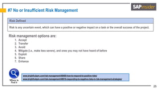 25
#7 No or Insufficient Risk Management
Risk Defined
Risk is any uncertain event, which can have a positive or negative impact on a task or the overall success of the project.
Risk management options are:
1. Accept
2. Transfer
3. Avoid
4. Mitigate (i.e., make less severe), and ones you may not have heard of before
5. Exploit
6. Share
7. Enhance
www.brighthubpm.com/risk-management/48400-how-to-respond-to-positive-risks/
www.brighthubpm.com/risk-management/48016-responding-to-negative-risks-in-risk-management-strategies/
 