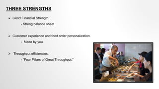 THREE STRENGTHS
 Good Financial Strength.
- Strong balance sheet
 Customer experience and food order personalization.
- Made by you
 Throughput efficiencies.
- “Four Pillars of Great Throughput.”
 