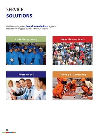 SERVICE
SOLUTIONS
WorkforceStaffingoffers targetedatclient-drivensolutions
specificsectorsortypesofbusinessactivities,asfollows:
Staff Outsourcing
Recruitment
Strike Rescue Plan™
Training & Consulting
13
 