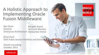 A Holistic Approach to
Implementing Oracle
Fusion Middleware
Ben Duan
Director
Enterprise Architecture
Brian Kush
GVP, Public Section Portfolio and Delivery
Oracle Consulting
October, 2015
Copyright © 2015, Oracle and/or its affiliates. All rights reserved. |
Bangaly Traore
Technical Director
WebCenter Portal
 
