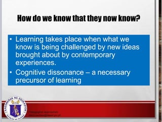 How do we know that they now know?
• Learning takes place when what we
know is being challenged by new ideas
brought about...