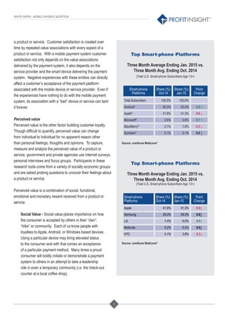 3
®
WHITE PAPER - MOBILE PAYMENT ADOPTION
a product or service. Customer satisfaction is created over
time by repeated value associations with every aspect of a
product or service. With a mobile payment system customer
satisfaction not only depends on the value associations
delivered by the payment system, it also depends on the
service provider and the smart device delivering the payment
system. Negative experiences with these entities can directly
affect a customer’s acceptance of the payment platform
associated with the mobile device or service provider. Even if
the experiences have nothing to do with the mobile payment
system, its association with a “bad” device or service can taint
it forever.
Perceived value
Perceived value is the other factor building customer loyalty.
Though difﬁcult to quantify, perceived value can change
from individual to individual for no apparent reason other
than personal feelings, thoughts and opinions. To capture,
measure and analyze the perceived value of a product or
service, government and private agencies use Internet surveys,
personal interviews and focus groups. Participants in these
research tools come from a variety of socially economic groups
and are asked probing questions to uncover their feelings about
a product or service.
Perceived value is a combination of social, functional,
emotional and monetary reward received from a product or
service.
Social Value - Social value places importance on how
the consumer is accepted by others in their “clan”,
“tribe” or community. Each of us know people with
loyalties to Apple, Android, or Windows based devices.
Using a particular device may bring elevated status
to the consumer and with that comes an acceptance
of a particular payment method. Many times a proud
consumer will boldly initiate or demonstrate a payment
system to others in an attempt to take a leadership
role in even a temporary community (i.e. the check-out
counter at a local coffee shop).
Top Smart-phone Platforms
Three Month Average Ending Jan. 2015 vs.
Three Month Avg. Ending Oct. 2014
(Total U.S. Smart-phone Subscribers Age 13+)
Smart-phone
Platforms
Share (%)
Oct-14
Share (%)
Jan-15
Point
Change
Total Subscribers 100.0% 100.0%
Android®
52.3% 53.2% 0.9 ↑
Apple®
41.9% 41.3% 0.6 ↓
Microsoft®
3.5% 3.6% 0.1 ↑
BlackBerry®
2.1% 1.8% 0.3 ↓
Symbian®
0.1% 0.1% 0.0 ↨
Source: comScore MobiLens®
Top Smart-phone Platforms
Three Month Average Ending Jan. 2015 vs.
Three Month Avg. Ending Oct. 2014
(Total U.S. Smart-phone Subscribers Age 13+)
Smart-phone
Platforms
Share (%)
Oct-14
Share (%)
Jan-15
Point
Change
Apple 41.9% 41.3% 0.6↓
Samsung 29.3% 29.3% 0.0↨
LG 7.4% 8.0% 0.6↑
Motorola 5.2% 5.2% 0.0↨
HTC 4.1% 3.8% 0.3↓
Source: comScore MobiLens®
 