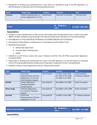 • Responsible to develop quick workarounds for issues which are identified as bugs in the ERP application, so
that the business is impacted only for the least possible duration
Client Project Type Location Duration Role
Emerson Rollout Implementation of
Oracle Applications 11.5.10
Netherlands May 2011 to Feb 2012 Technical Lead
Trianz
Ba Bengaluru,
India Jan 2006 - May 2011
Responsibilities:
• worked as Lead on Maintenance of Sales person information (Sales Compensation) from a custom tool called
SMART and does validation and processing on the data and finally sends valid data into True comp Database
• Data Migration on Finance(AP,AR,GL,FA) Modules and SCM(PO,OM,INV) and TCA Modules
• Development of New Reports using Discoverer, Oracle Reports and BI Publisher Tools
• Workflow Customization
• Blanket Sales Agreement
• Purchase Order and Requisition
• HRSSA
• Validations on Self Service screens like Leave if Absence and Paid Time off (PTO) using Oracle Application
Framework (OAF)
• Responsible to develop quick workarounds for issues in the ERP application, so that the business is impacted
only for the least possible duration and Document Preparation, Preparation of User Training Manuals
• Handled Training on Oracle Applications tools for newly joined members
Client Project Type Location Duration Role
Equinix End to End
Implementation of Oracle
Applications 11.5.10 and
Post Production Support
Foster City/CA Jul 2010 to Nov 2010
Apr 2007 to Mar 2009
Jan 2006 to Jun 2006
Lead Consultant
Sr.Software Engineer
NETAPP Custom Application
Development(Sales
Compensation)
Sunnyvale/CA Mar 2009 to Oct 2009 Senior Consultant
Silicon Image of Oracle Applications
11.5.10 Post Production
Support
Sunnyvale/CA Aug 2008 to Nov 2008 Senior Consultant
Riverbed End to End
Implementation of Oracle
Applications 11.5.10
Sunnyvale/CA Jul 2006 to Nov 2006 Sr. Software Engineer
Inatech Info Solutions
Ba Bengaluru,
India Apr 2004 – Jan 2006
Responsibilities:
Page 4 of 5
 
