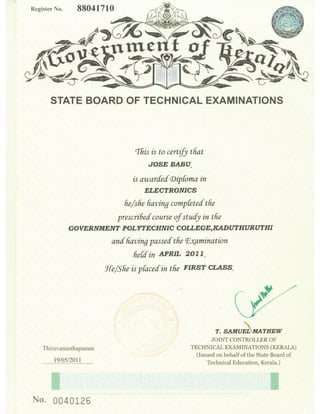 Diploma Certificate Of Jose Babu